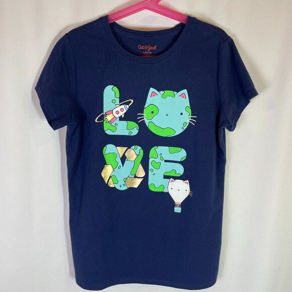 Cat & Jack Other - Cat & Jack Girl's Size L 10 11 LOVE Tee Navy Aqua Pink with Cats Kittens